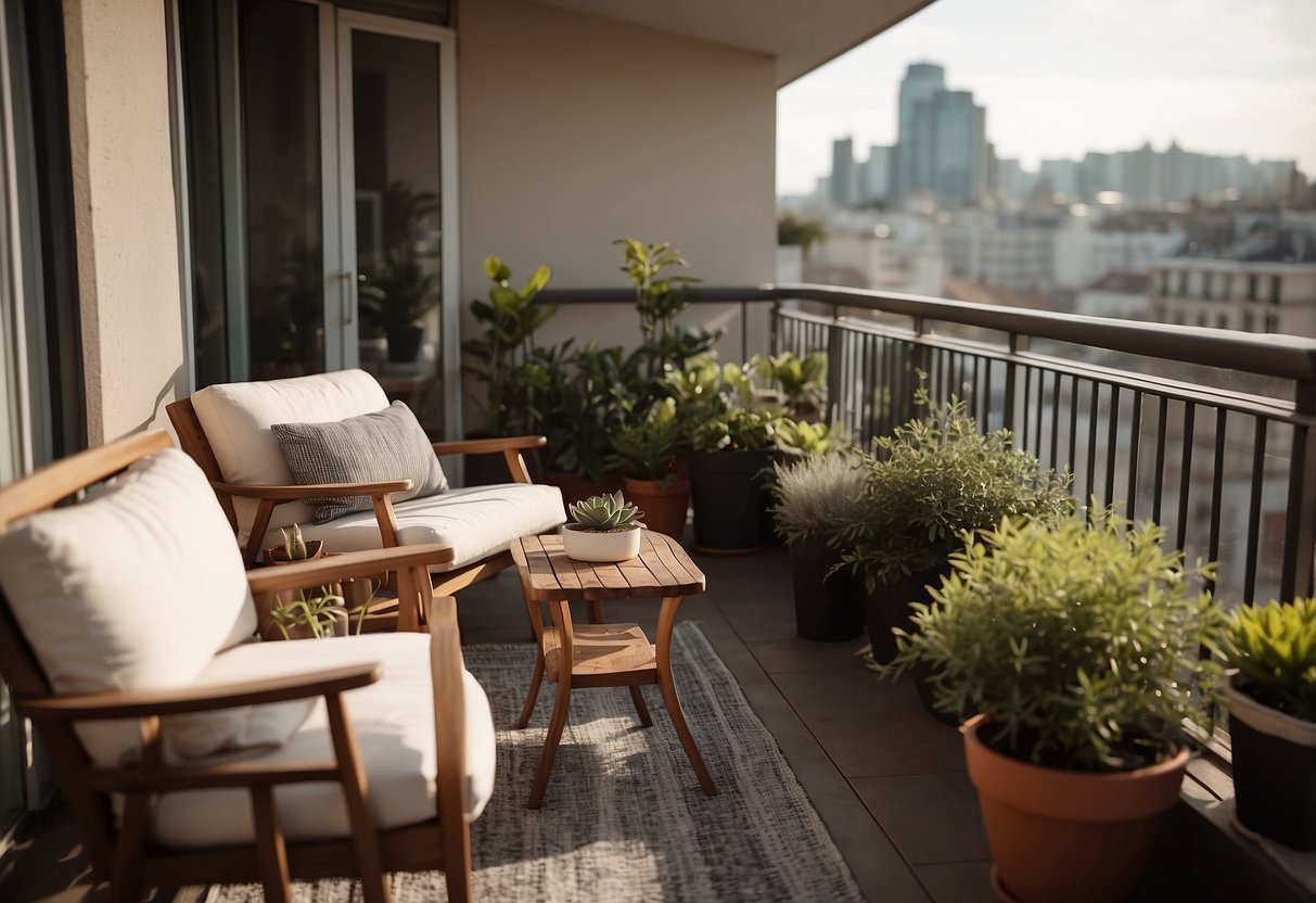 A cozy balcony with small furniture sets arranged neatly, including a table and chairs, adorned with potted plants and a warm throw blanket