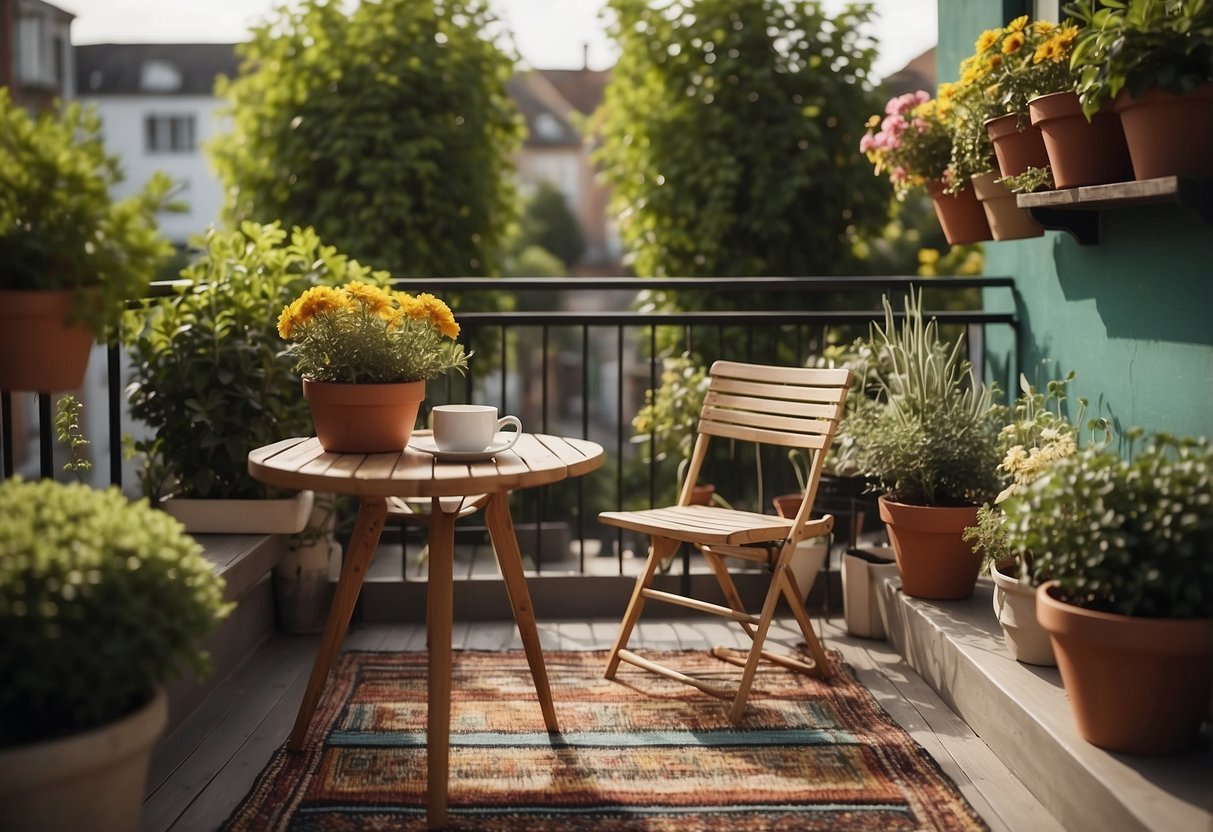 A cozy balcony with a small table and chairs, adorned with potted plants and a colorful outdoor rug. The setting is inviting and perfect for enjoying a cup of coffee or a good book