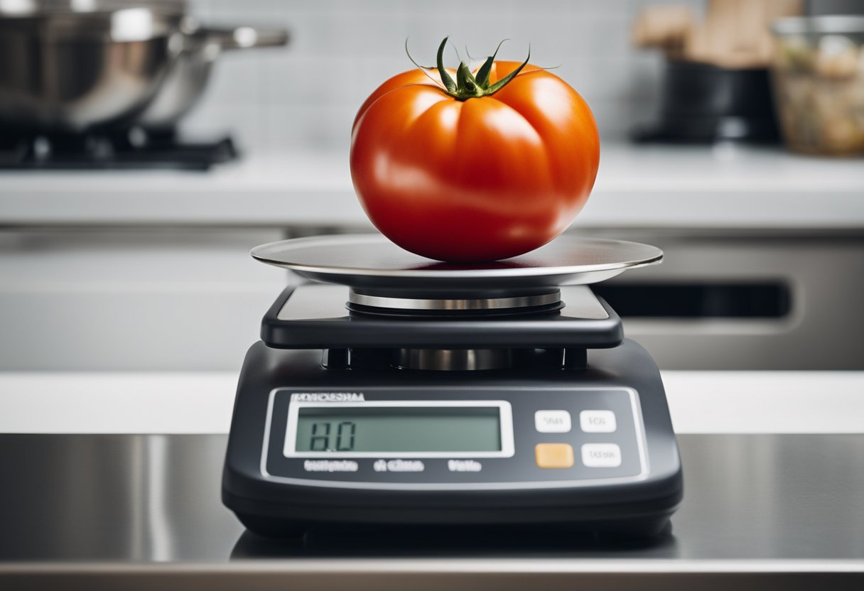 A ripe tomato sits on a kitchen scale, displaying the number of calories in bold numbers
