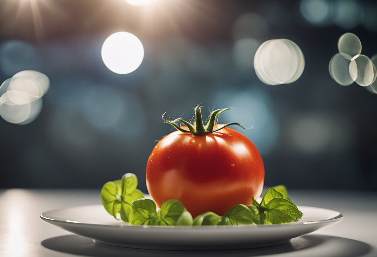 A ripe tomato sits on a white plate, its vibrant red skin glistening under the light. The nutritional label reads "Calories: 22 per tomato."