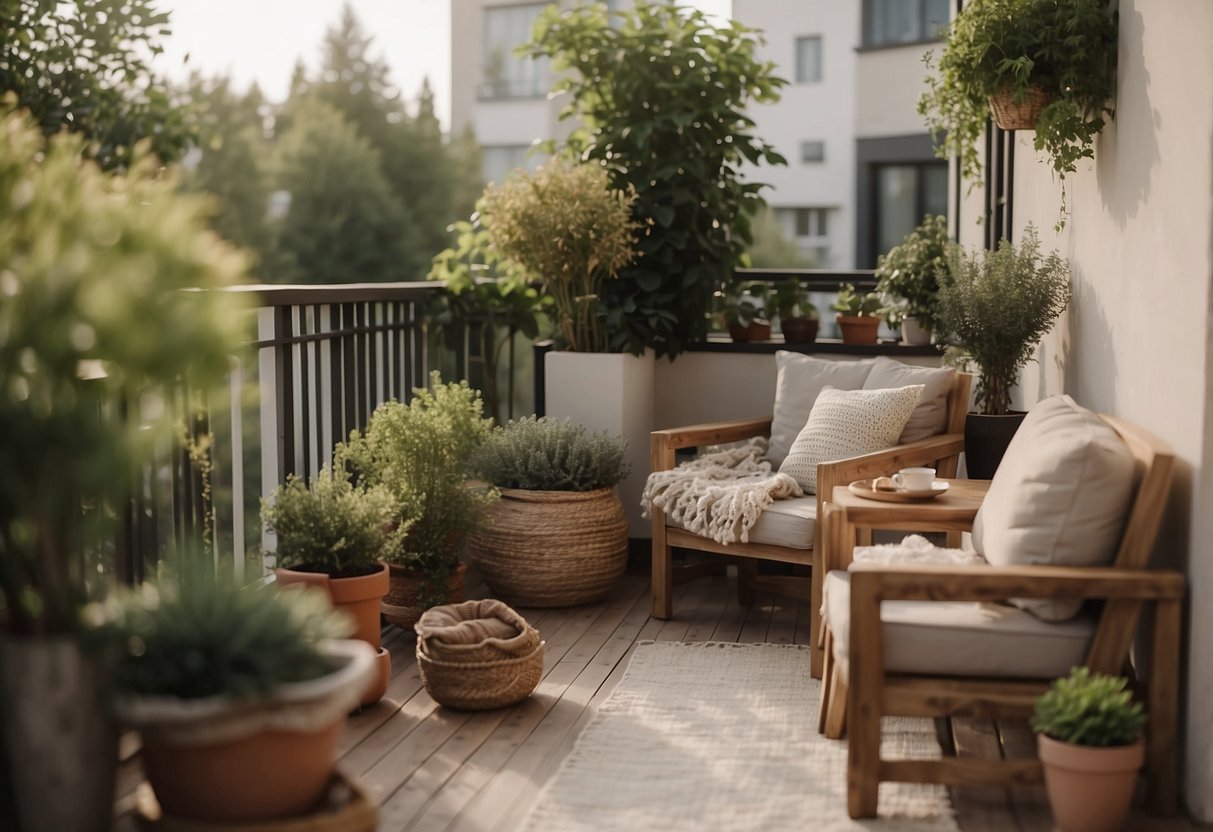 A cozy balcony with small furniture sets arranged for relaxation and enjoyment. Plants and decorative accessories add charm to the space