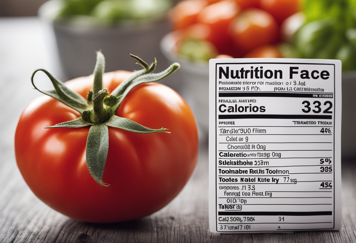 A ripe red tomato with a nutrition label showing "Caloric Value of Tomatoes: calories one tomato" displayed next to it