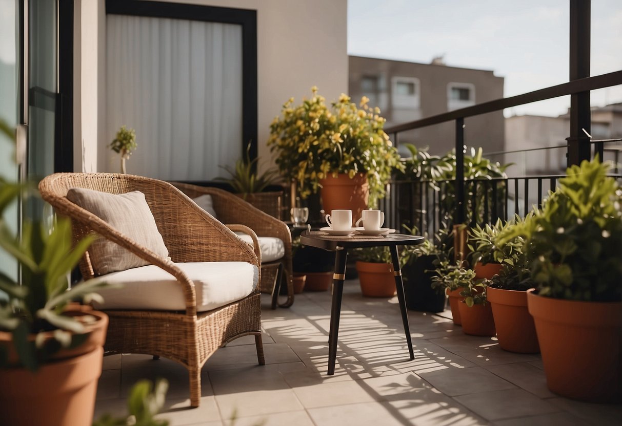 A small balcony with a cozy furniture set, including a table and chairs, surrounded by potted plants and decorative lights