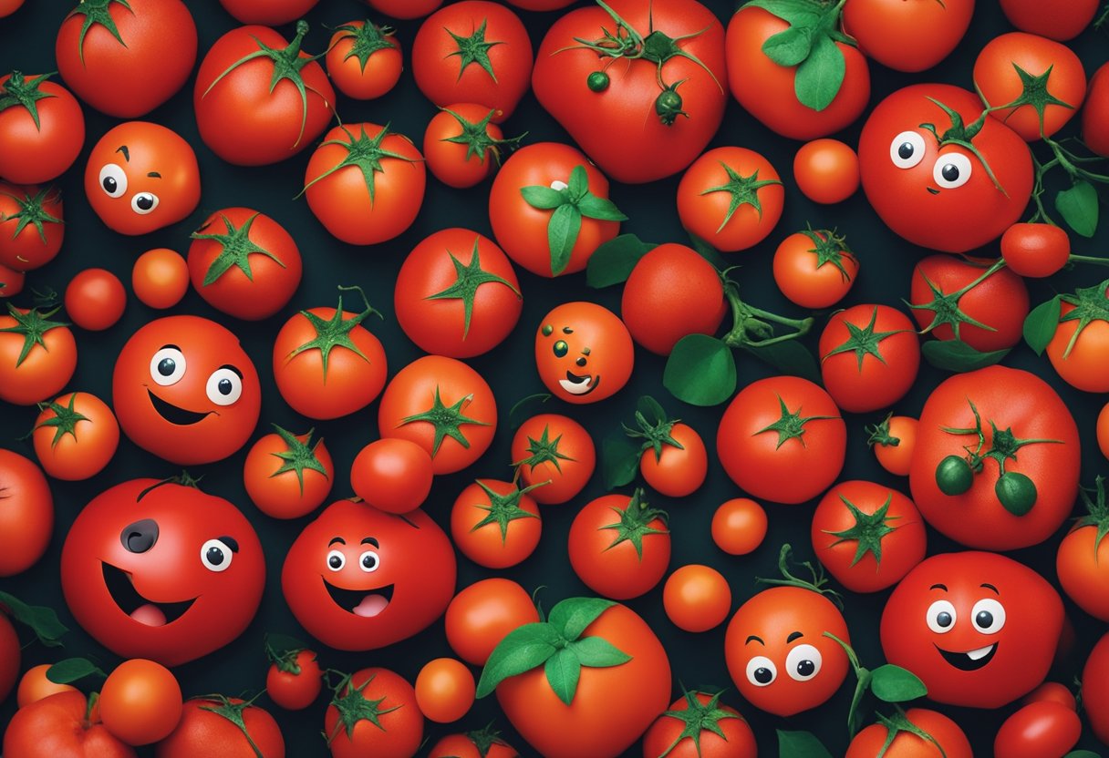 A large, ripe tomato wearing a vibrant, colorful costume, with exaggerated features and a playful expression