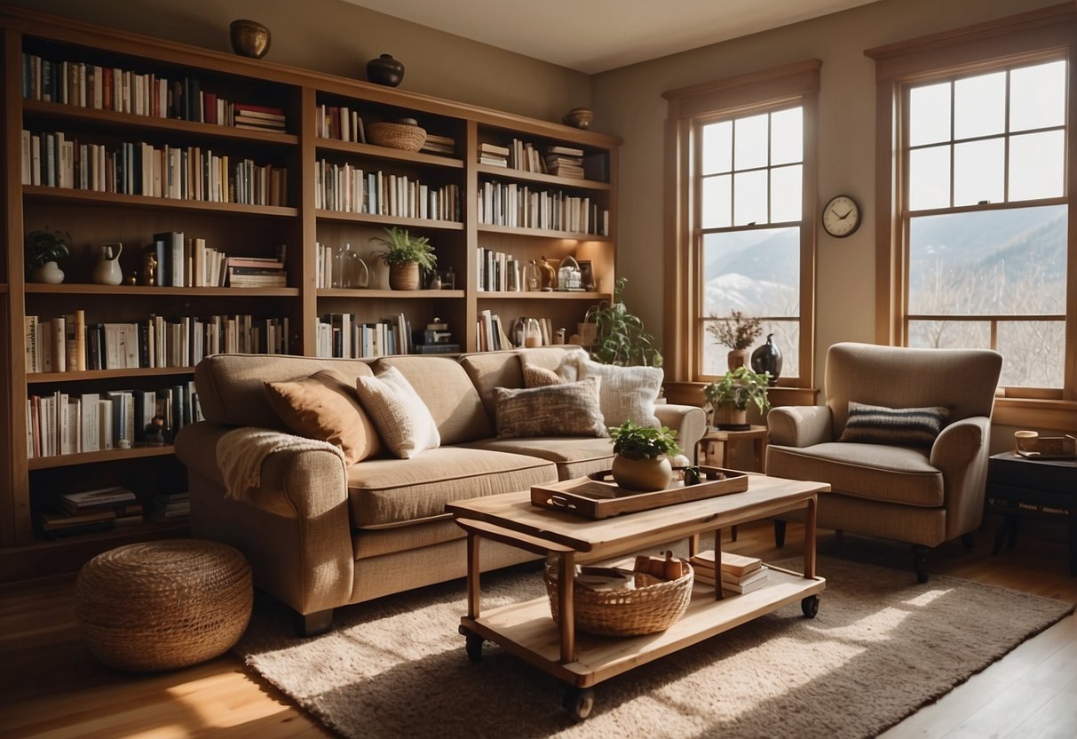 A cozy living room with a plush sofa, a coffee table, and a bookshelf filled with books and decorative items. The room is bathed in warm, natural light streaming in from the large window