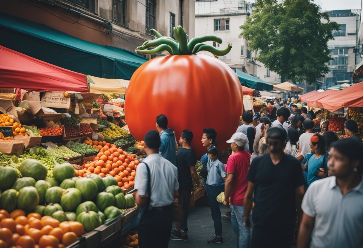 A giant tomato costume stands in a bustling market, surrounded by colorful produce and curious onlookers