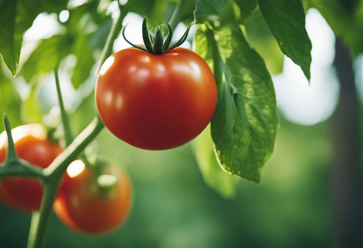 A ripe, plump tomato with a bright red and smooth skin, topped with a vibrant green stem and leaves