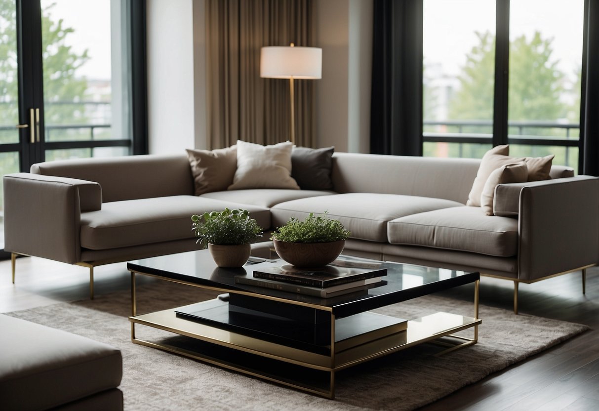 A sleek, modern sofa and coffee table sit in a spacious, well-lit living room. The furniture is elegantly designed with clean lines and luxurious materials