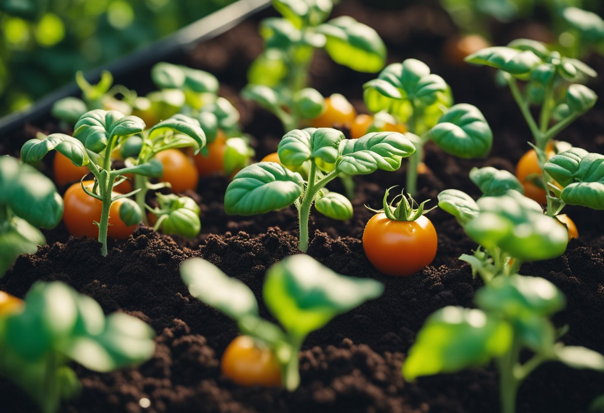 Tomato plants thrive with coffee grounds fertilizer. Show coffee grounds sprinkled around tomato plants in a garden bed