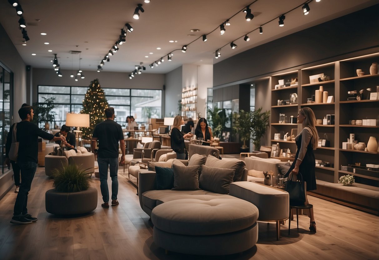 Sofia furniture store with customers browsing products and staff assisting