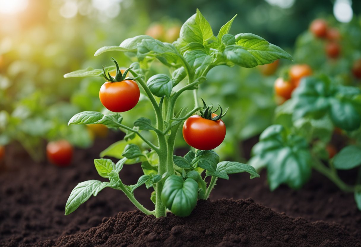 Tomato plants thrive with coffee grounds. Show plants surrounded by coffee grounds, with healthy green leaves and abundant red tomatoes