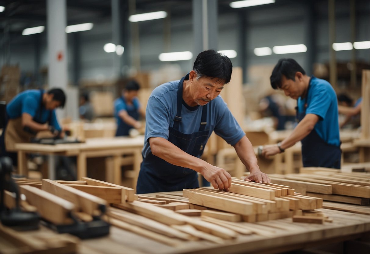 A bustling furniture workshop with workers assembling and crafting wooden furniture pieces at Soon Seng Heng Furniture Co