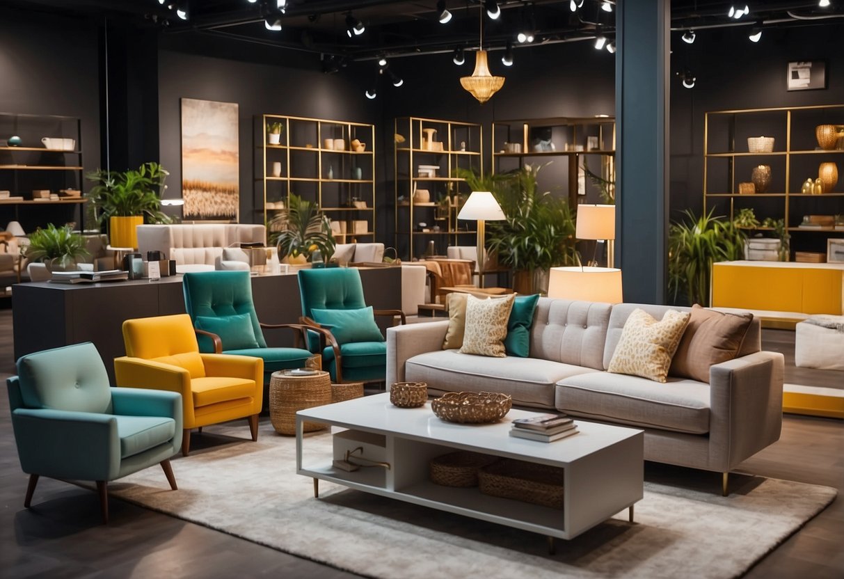 A showroom filled with modern furniture pieces in various styles and colors, neatly arranged in a spacious and well-lit setting