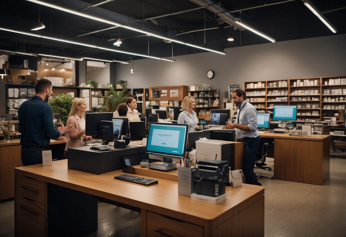 A busy office with customers asking questions at a furniture store counter. Shelves display various home decor items. Staff assist customers