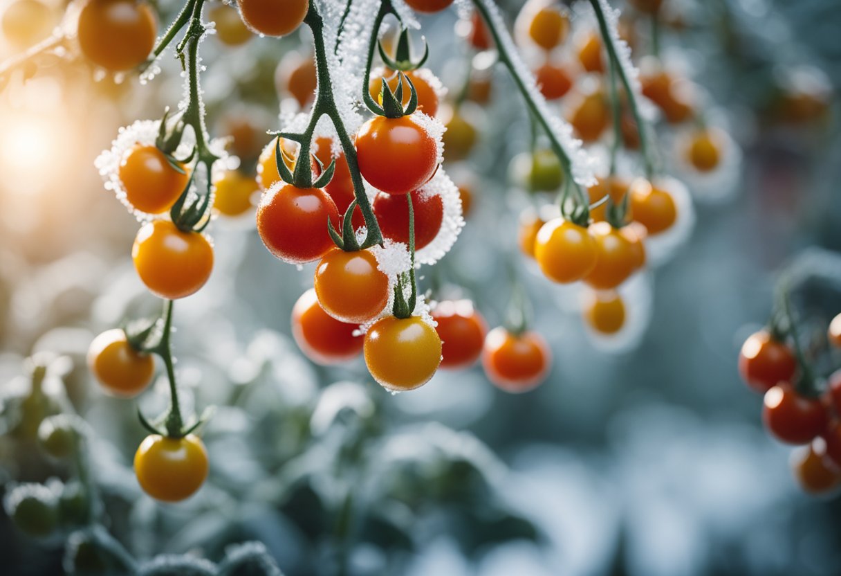 Cherry tomatoes suspended in mid-air, encased in a thin layer of frost