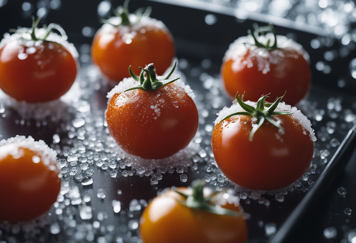 Cherry tomatoes are being placed on a tray and then put into a freezer. Ice crystals begin to form on the tomatoes as they freeze