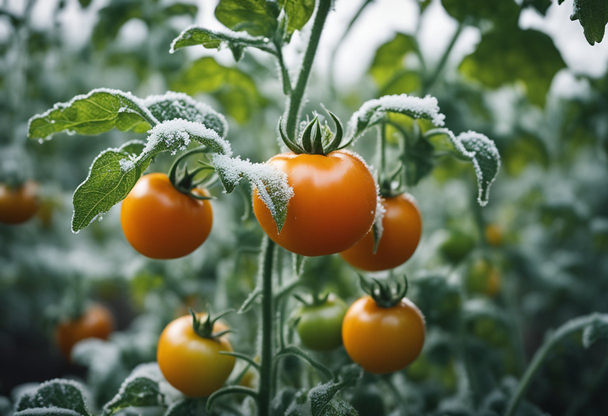Tomato plants endure cold, with frost-covered leaves