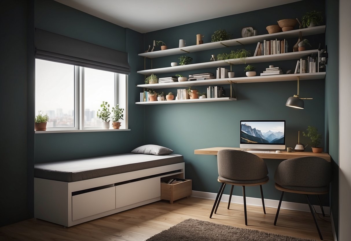 A small room with foldable table, wall-mounted shelves, and a pull-out sofa bed. Efficient use of space with multipurpose furniture