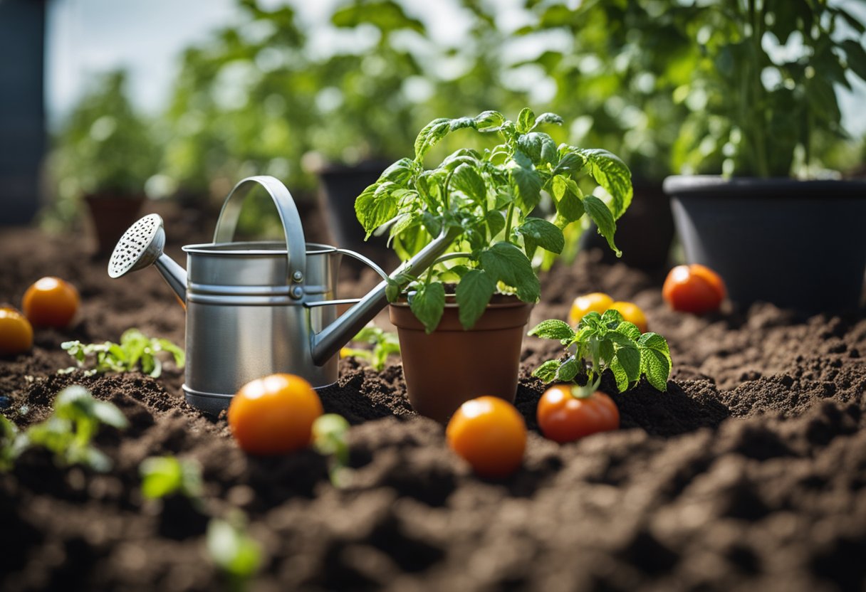 A tomato plant sits in a pot, soil moist but not waterlogged. A watering can hovers nearby, indicating the need for regular but not excessive watering