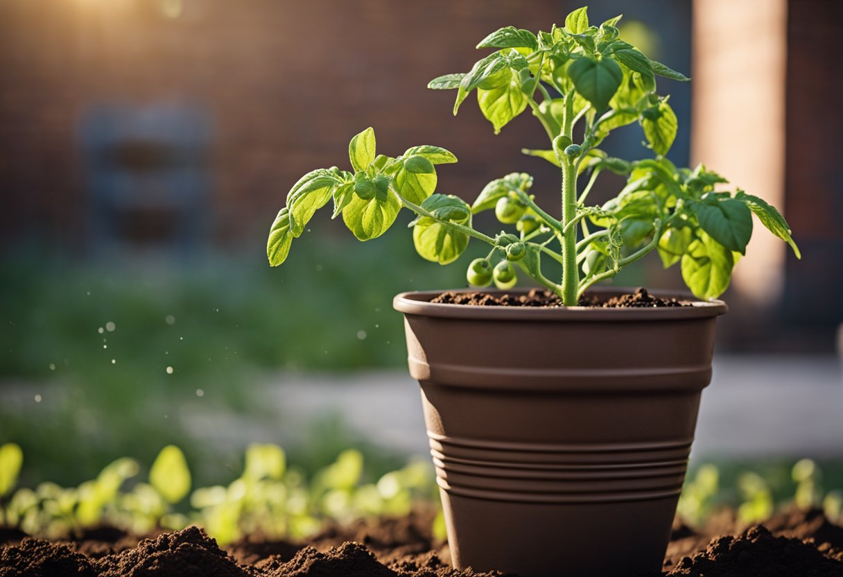A tomato plant sits in a pot, surrounded by soil. A watering can hovers above, ready to pour water onto the plant