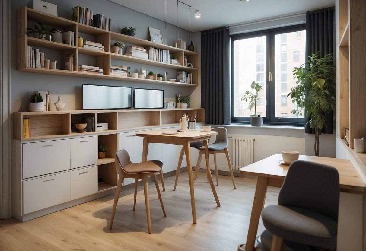 A small apartment with foldable tables, hidden storage compartments, and wall-mounted shelves. Efficient use of space with innovative furniture designs