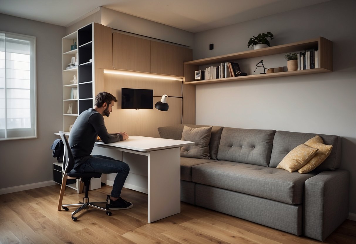A room with a small footprint, featuring a foldable desk, a wall-mounted shelf, and a convertible sofa bed. A person is shown adjusting the furniture to maximize space