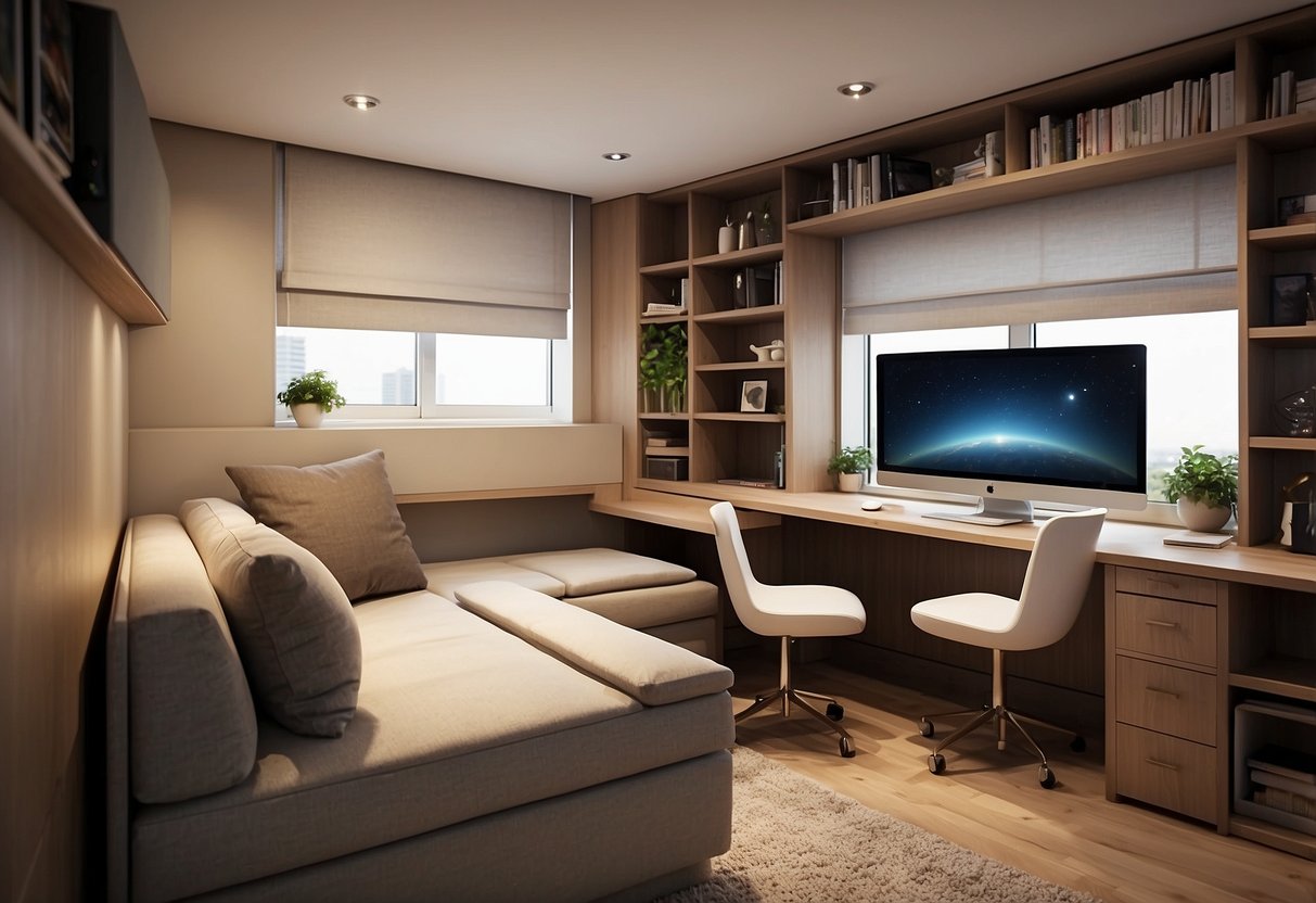 A compact room with versatile furniture: a bed that folds into a couch, a table that expands for dining, and shelves that double as a desk