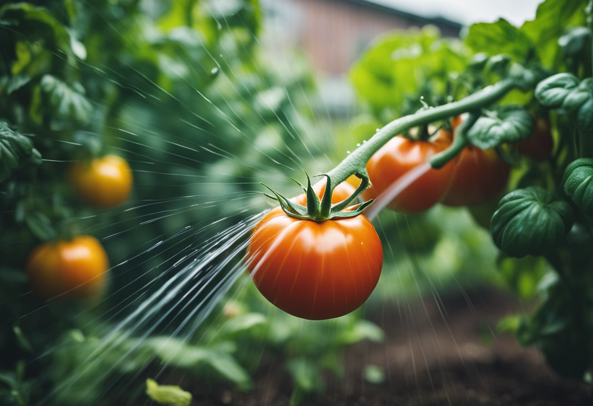 Tomatoes being watered regularly by a garden hose