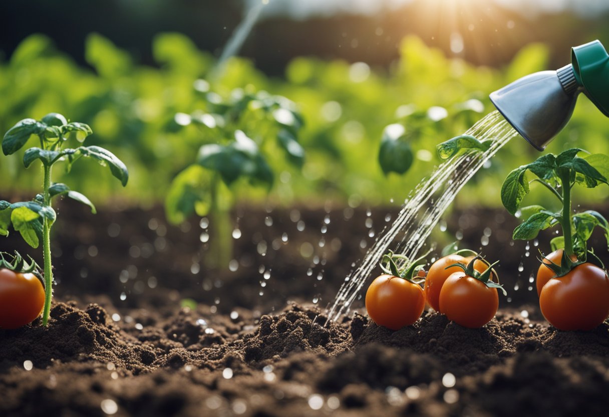 Tomato plants receiving regular watering from a watering can or hose, with water droplets falling onto the soil and leaves