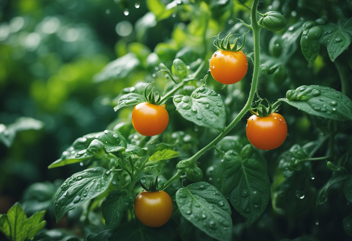 Tomato plants in a garden, soil moist, with water droplets on leaves