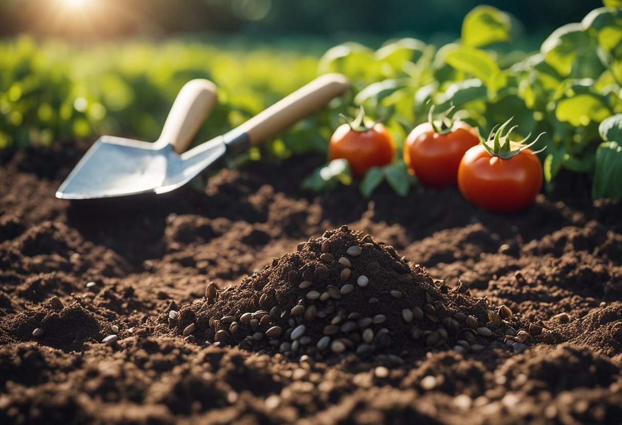 A garden with a patch of soil, a small shovel, and a packet of tomato seeds. The sun is shining, and the sky is clear