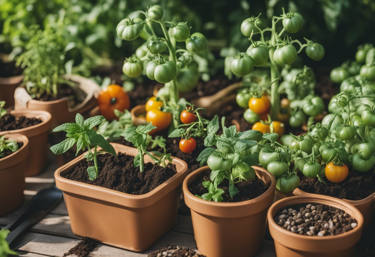 A sunny garden with a variety of tomato plants in different stages of growth, surrounded by gardening tools and seed packets