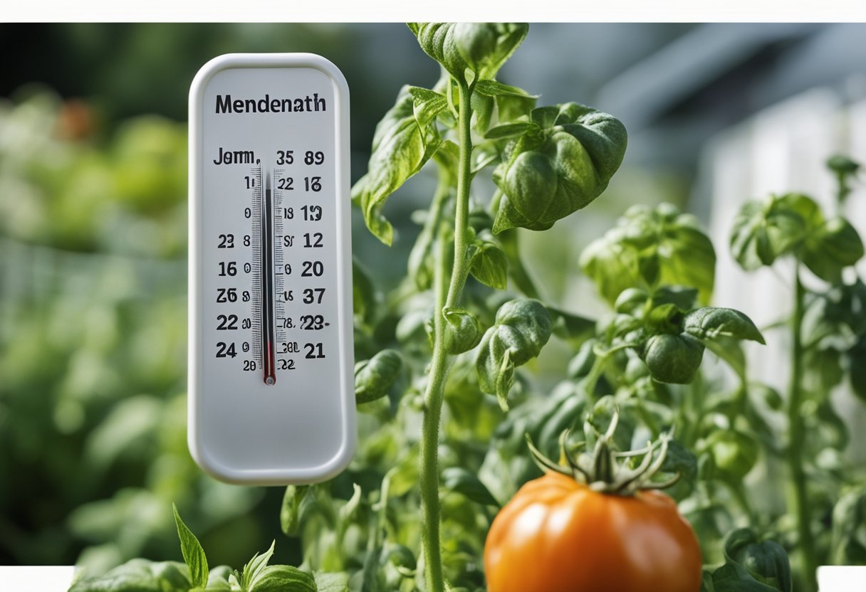 A garden with wilted tomato plants, a calendar showing the current date, and a thermometer indicating the temperature