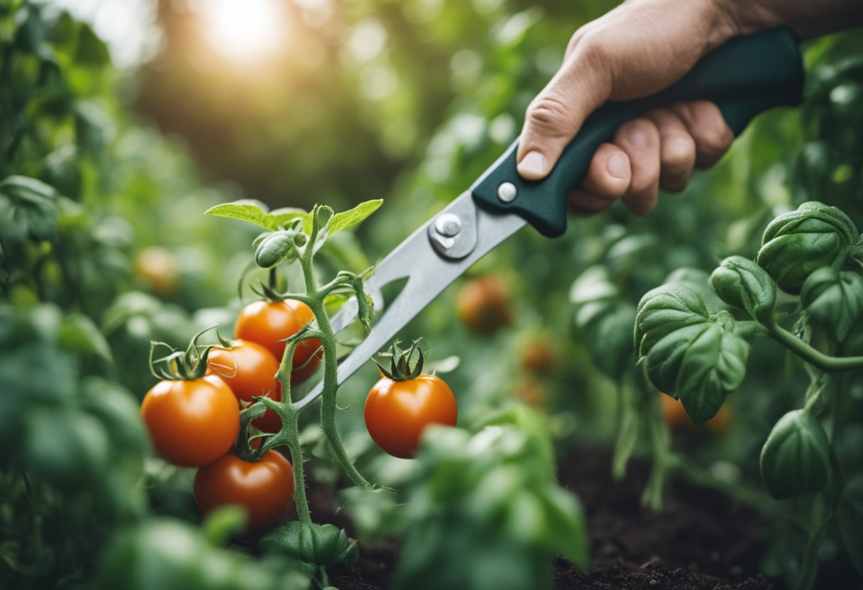 A tomato plant being aggressively pruned