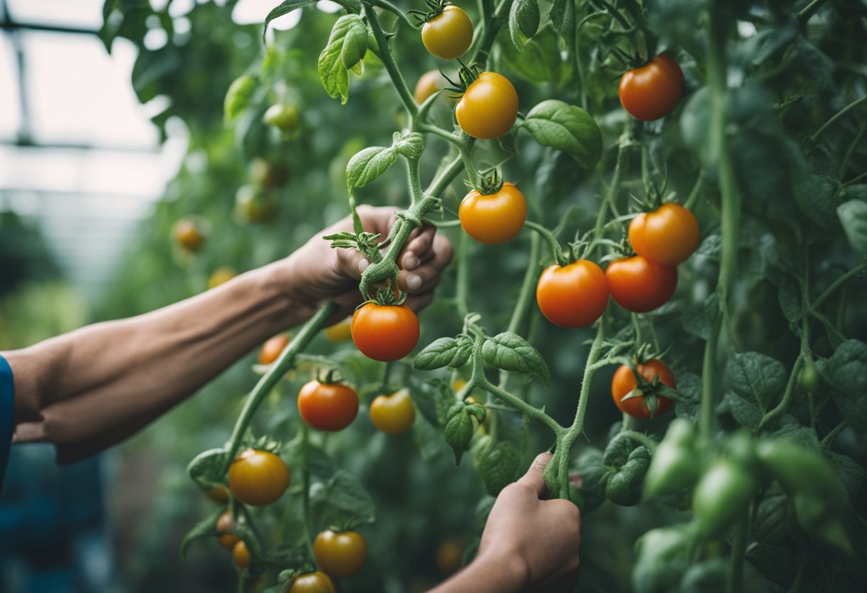 A tomato plant being pruned with excessive cuts, showing the removal of too many branches and leaves