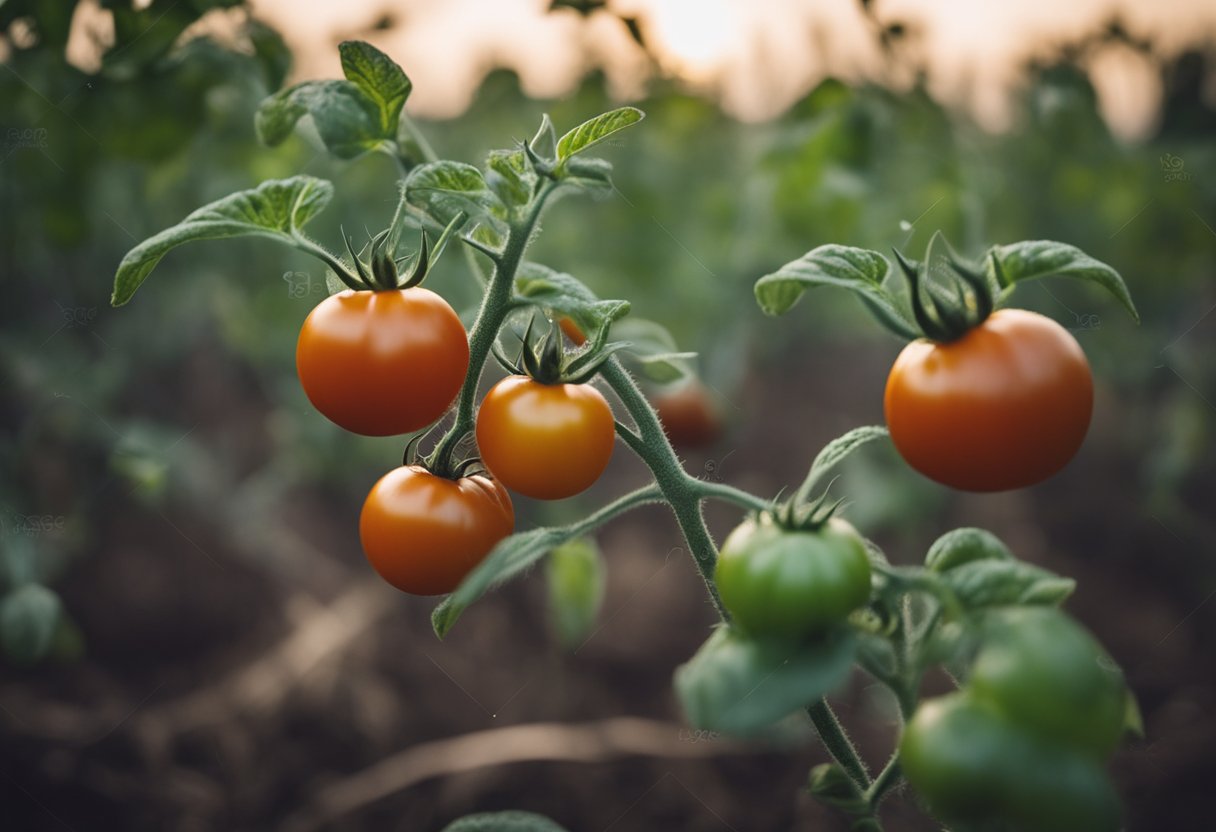 A tomato plant, over pruned, with bare stems and few leaves