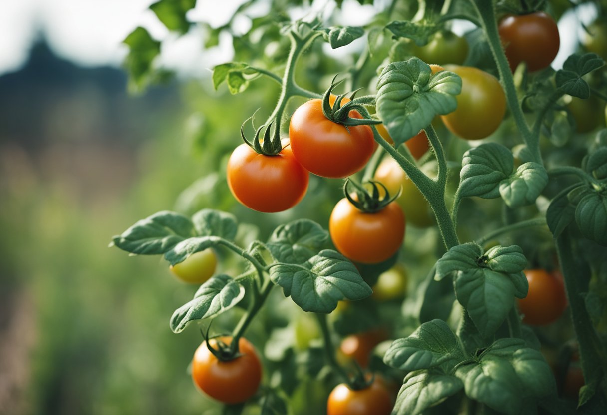 A tomato plant with excessive pruning, showing stunted growth and few leaves