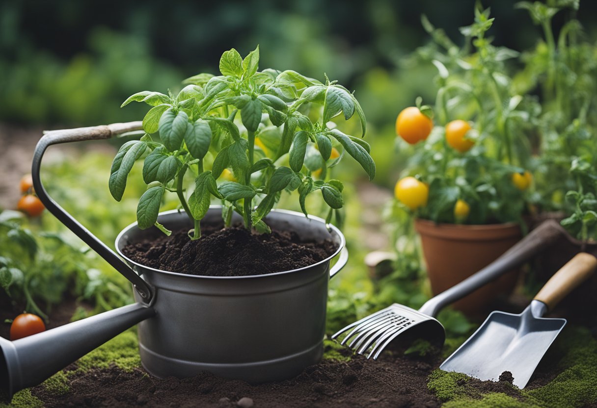 A wilted tomato plant with cut stems, surrounded by gardening tools and a watering can