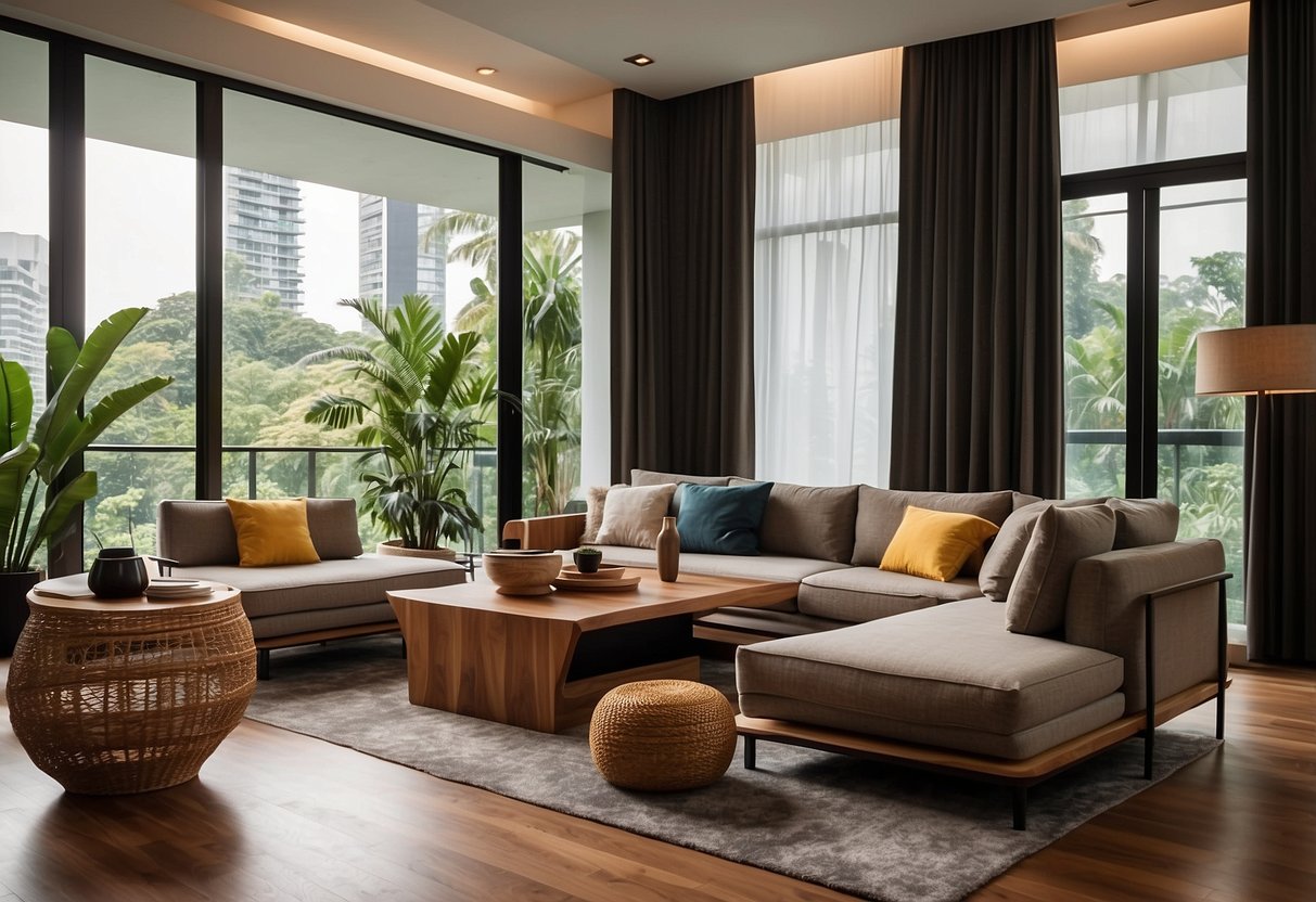 A cozy living room with suar wood furniture in Singapore. The warm tones of the wood contrast with the modern decor, creating a stylish and inviting space