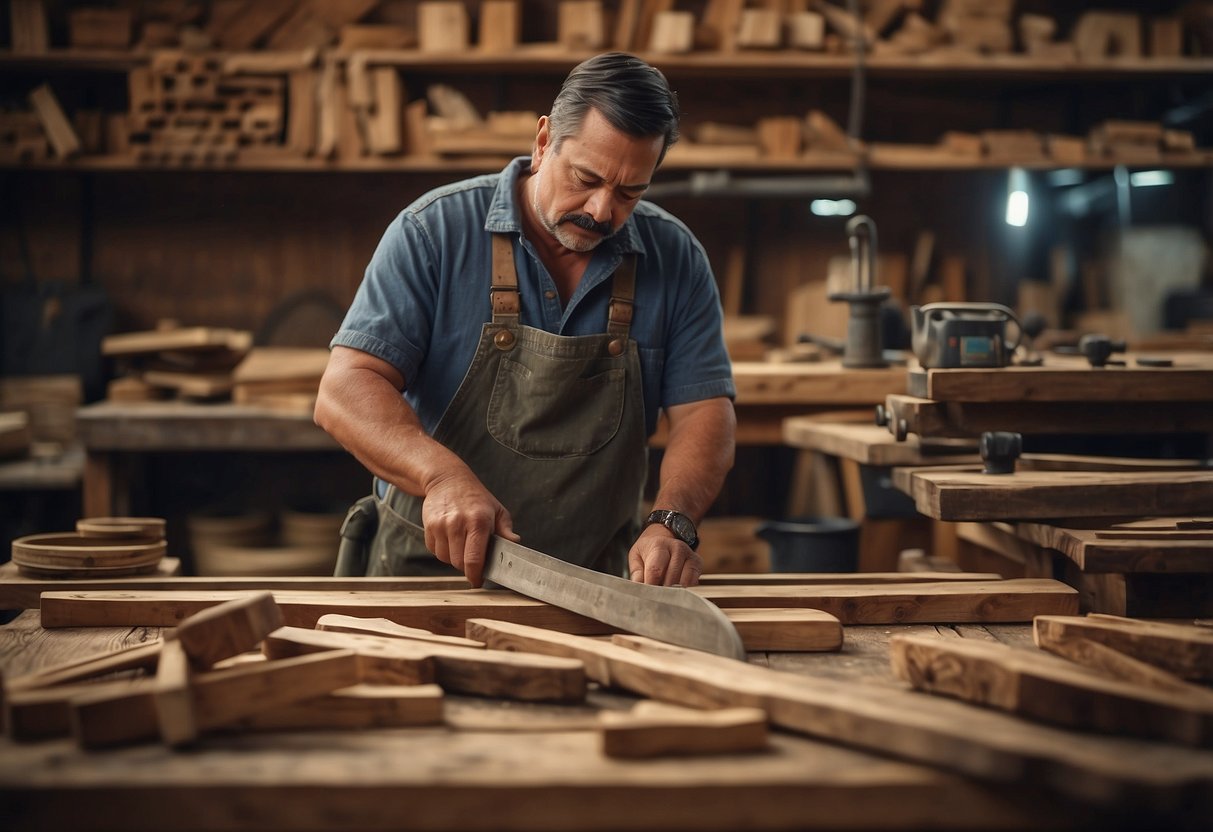 A craftsman carves a suar wood table, surrounded by stacks of raw wood and tools
