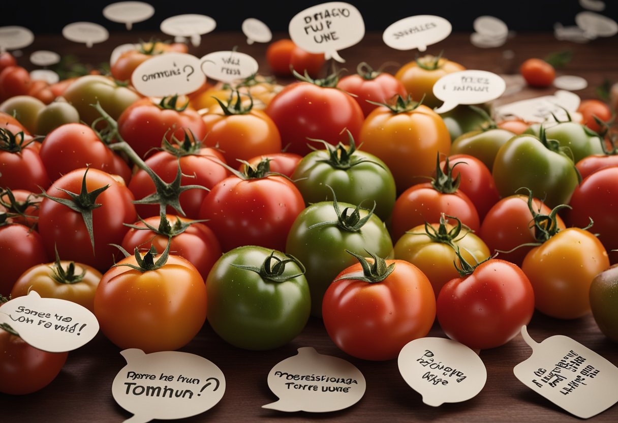 A pile of ripe tomatoes arranged in a playful manner, with speech bubbles containing tomato puns and jokes floating above them