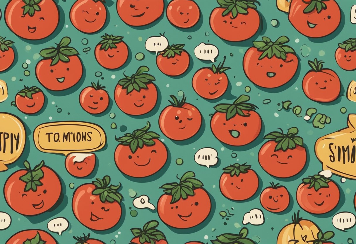 A variety of tomatoes arranged in a playful manner, with speech bubbles containing puns and jokes floating above them