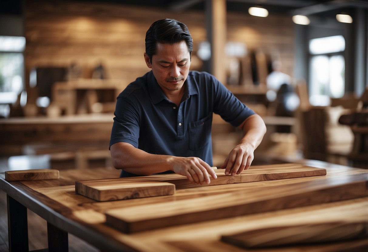 A person carefully selects and polishes a suar wood table, surrounded by various suar wood furniture pieces in a well-lit showroom