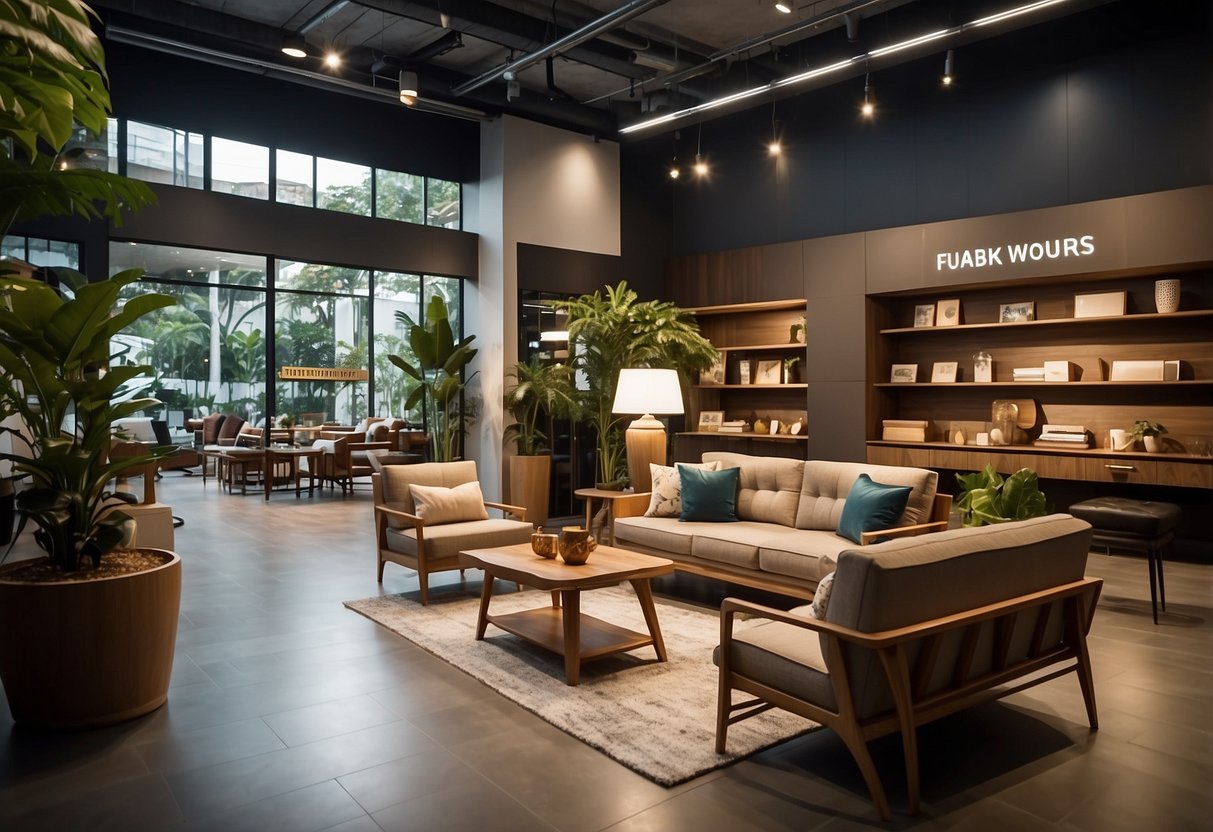A showroom with modern suar wood furniture, customers browsing, and a sign reading "Frequently Asked Questions suar wood furniture singapore."
