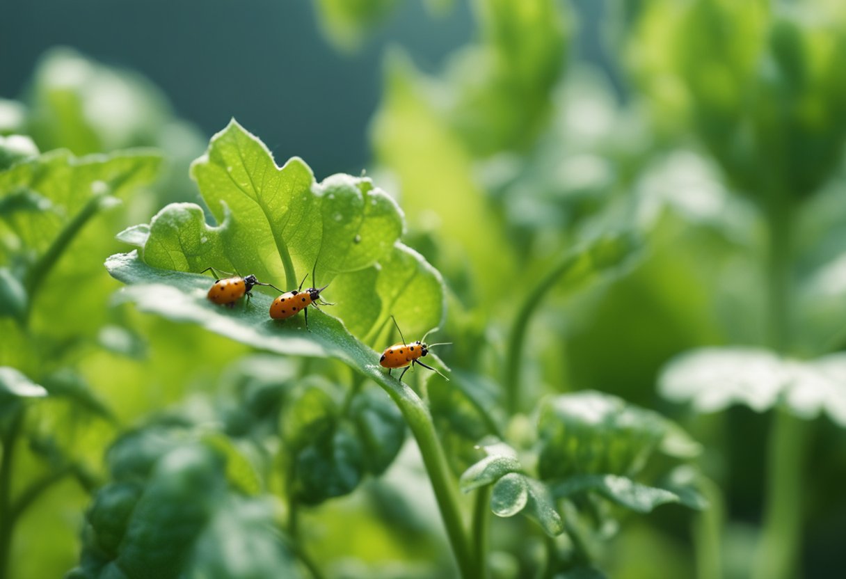 Aphids infesting tomato plant, sucking sap from leaves and stems, causing wilting and yellowing