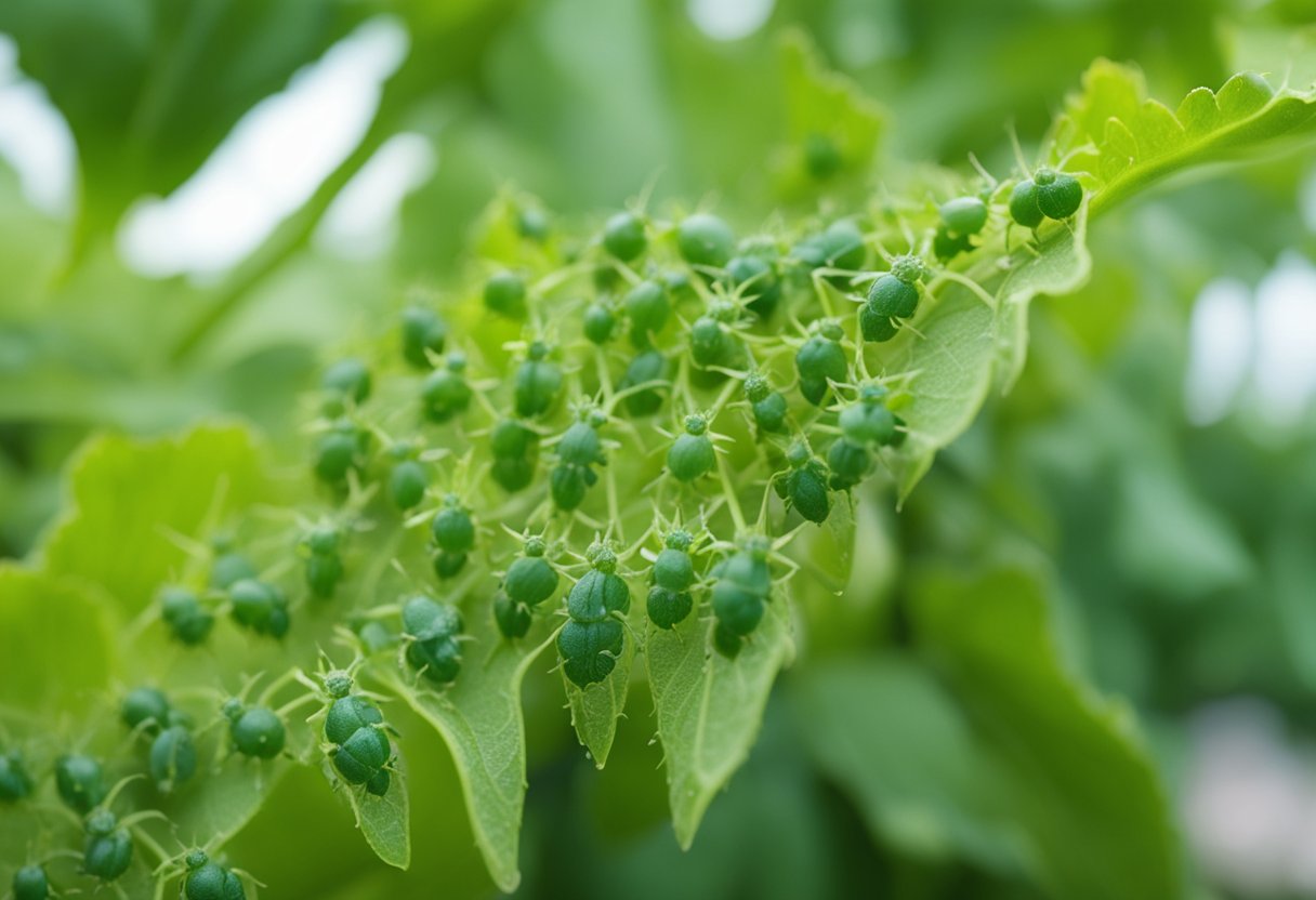 Aphids swarm on tomato plant leaves, sucking sap and causing yellowing