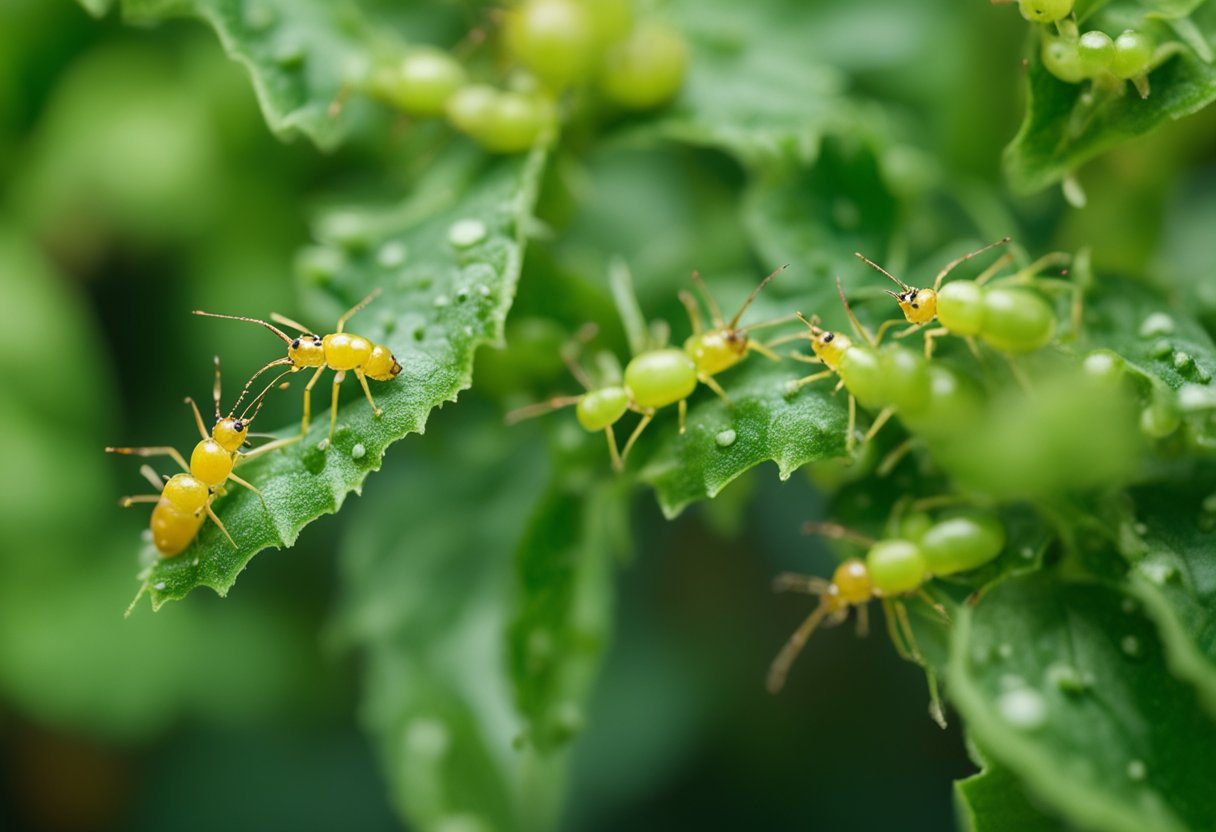 Aphids swarm on tomato plant, sucking sap from leaves and stems, causing wilting and yellowing