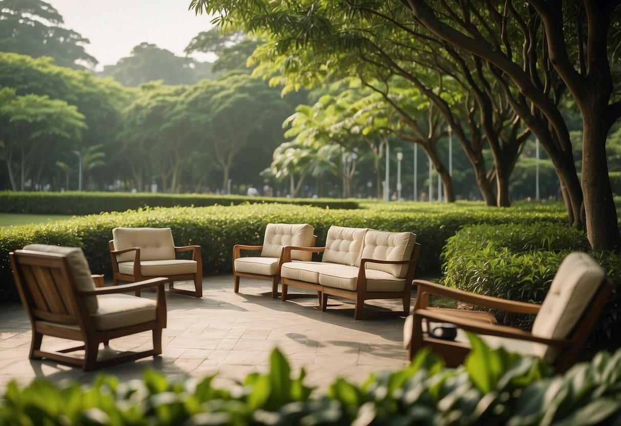 Tan furniture fills Taman Universiti, surrounded by lush greenery