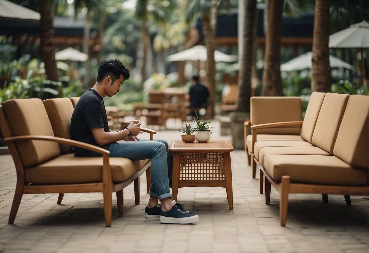 A person browsing through tan furniture at Taman Universiti, surrounded by various pieces and decor