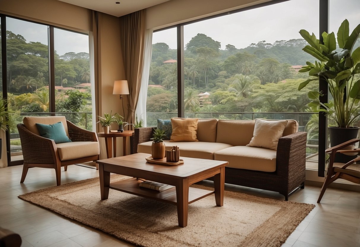 A cozy living room with tan furniture, set against the backdrop of Taman Universiti, creating a warm and inviting space for relaxation and comfort